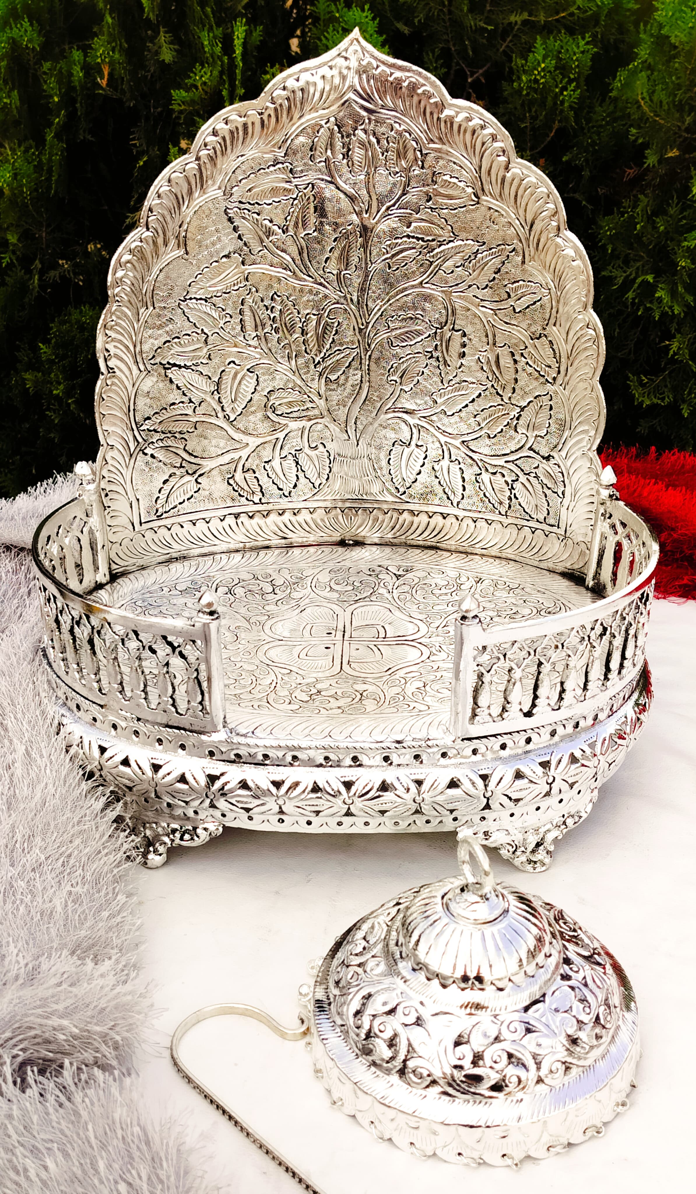 Antique finish German silver singhasan with detachable chatar for idol